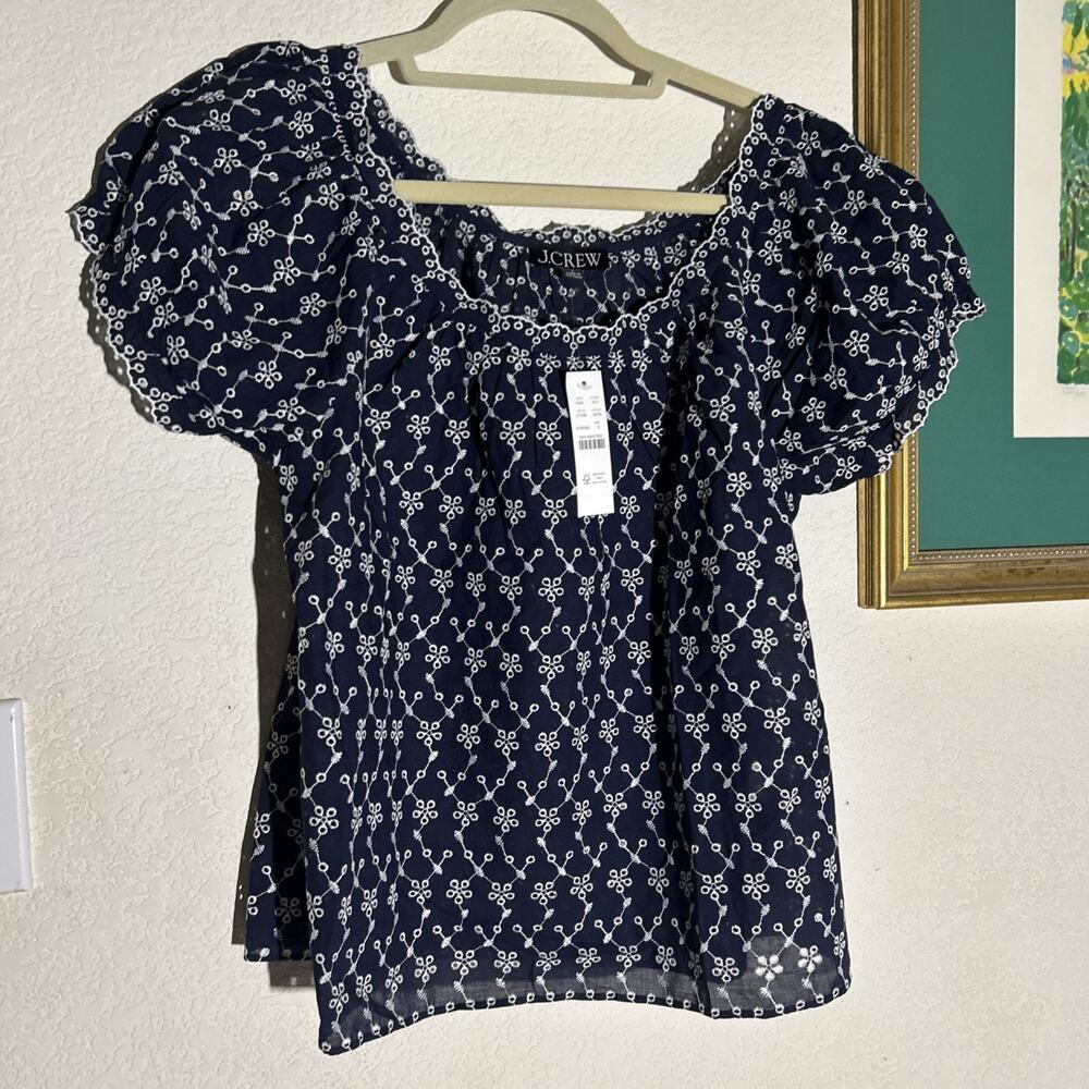 J. Crew Scallop-trim eyelet top Navy Size S NWT